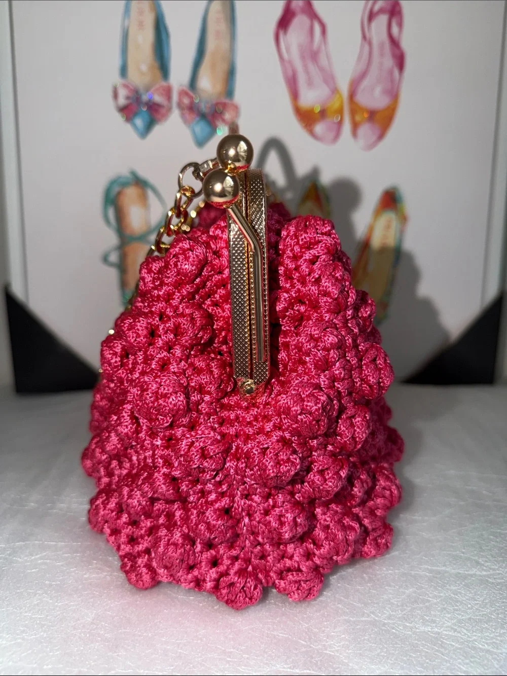Pink Crochet Evening Clutch with Gold Chain Handle